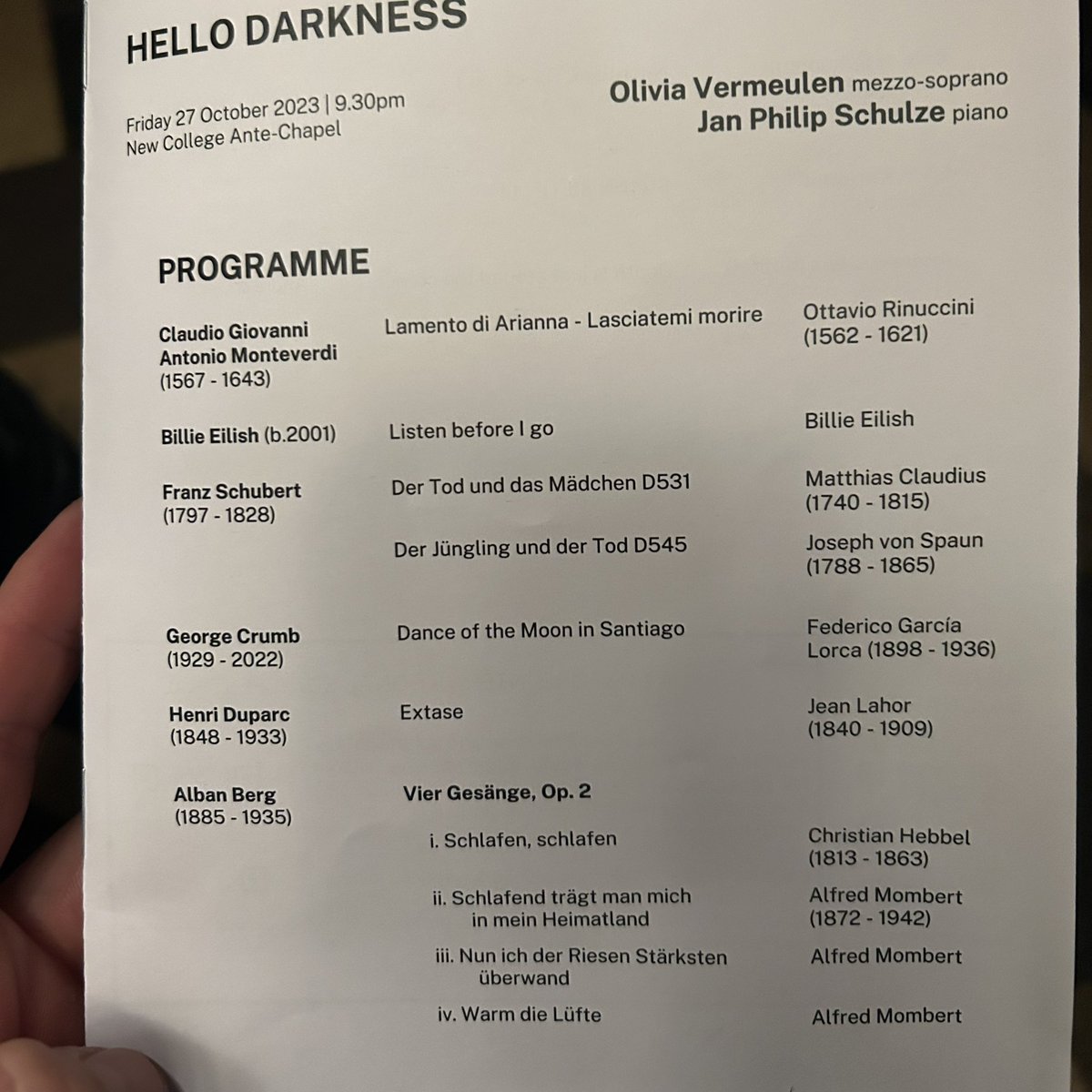 stew_campbell's tweet photo. Totally brilliant music making by Olivia Vermeulen, Jan Philip Schulze + @OxfordSong in the gorgeous New College antechapel. Monteverdi, Billie Eilish, George Crumb, Duparc, Nick Cave(!) Inspiring programming perfectly executed. We need more song concerts like this please! https://t.co/N7KJoMSHTa