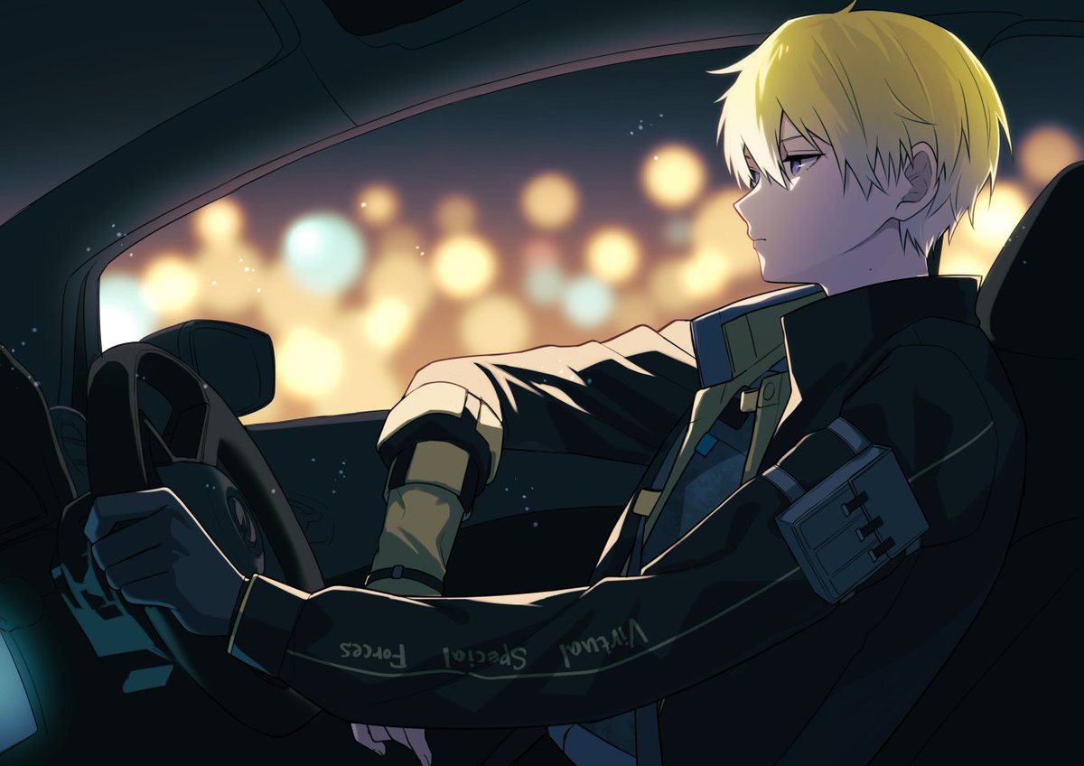 1boy car interior male focus blonde hair gloves jacket steering wheel  illustration images