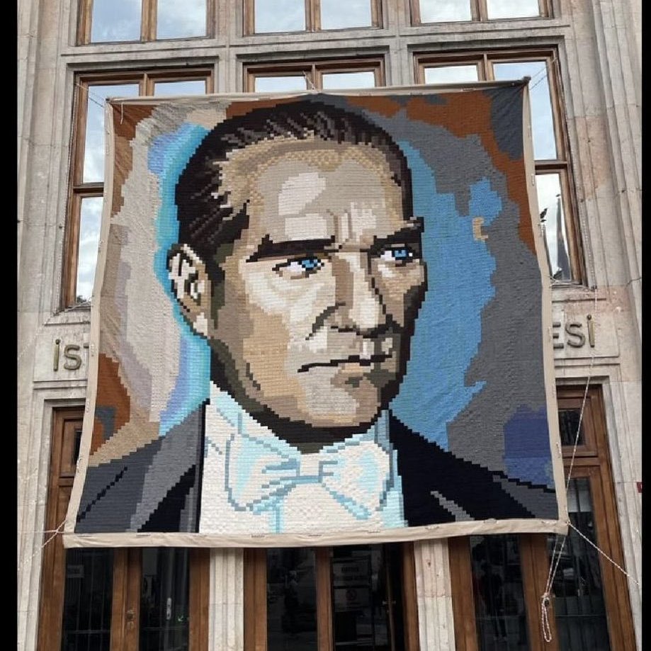 pusholder's tweet photo. Cumhuriyetin 100. yılına özel 100 kadın tarafından örgü motifle dokunan Atatürk portresi. https://t.co/BXGxGKLg54