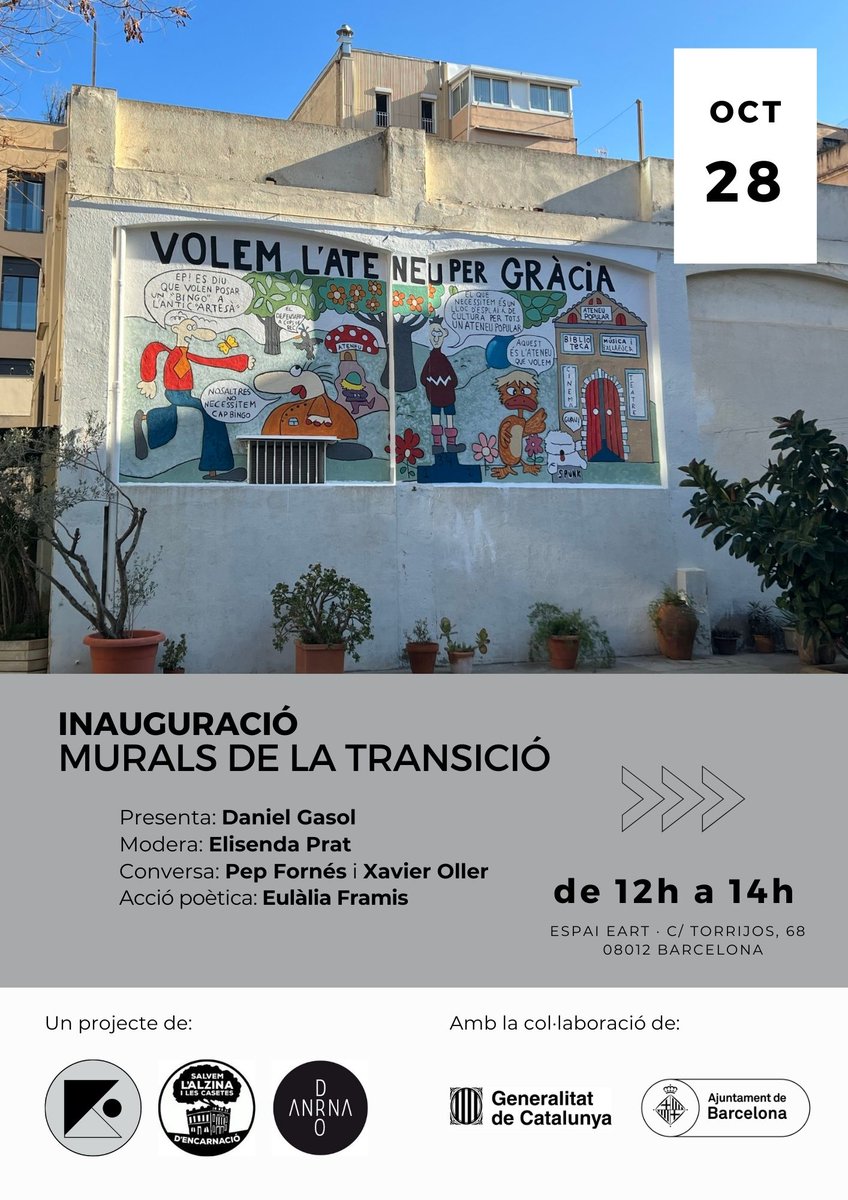 E:\\ART (@experimentemart) on Twitter photo Tot a punt per la presentació
MURALS DE LA TRANSICIÓ
reprodueix murals reivindicatius dels anys 70 vol vincular #art #educació #ciutadania
"Volem l'Ataneu per Gràcia" 1978 / 2023
amb <a href="/SalvemAlzina/">Salvem l'Alzina</a> i <a href="/ANDRONAcultura/">ANDRONAcultura</a>
#experimentemamblart
#lluitaveïnal #ataneupopular #ArtiEducació Tot a punt per la presentació
MURALS DE LA TRANSICIÓ
reprodueix murals reivindicatius dels anys 70 vol vincular #art #educació #ciutadania
"Volem l'Ataneu per Gràcia" 1978 / 2023
amb <a href="/SalvemAlzina/">Salvem l'Alzina</a> i <a href="/ANDRONAcultura/">ANDRONAcultura</a>
#experimentemamblart
#lluitaveïnal #ataneupopular #ArtiEducació
