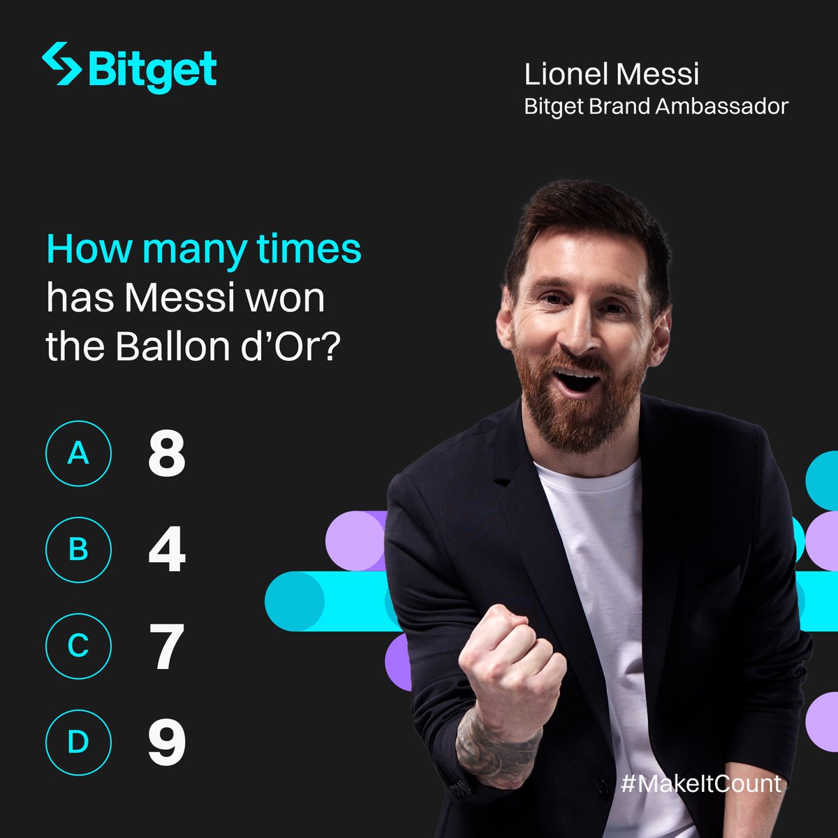 ⚽ Get ready for the Ballon d'Or! 🌟 🏆 Messi's shortlisted and we're pumped for his potential winning. 🙌 Let's #MakeItCount and celebrate together by joining our trivia! 💥 #Messi #BallonDOr2023 #GOAT