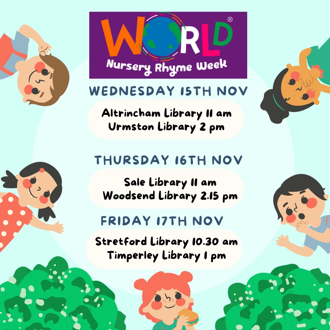 Join Trafford Libraries &amp; <a href="/MusicInTrafford/">Trafford Music Service</a> for free singing, dancing, musical nursery rhyme sessions! traffordlibraries.eventbrite.com

Wed 15 Nov, Altrincham, 11am &amp; Urmston, 2pm

Thurs 16 Nov, Sale, 11am &amp; Woodsend, 2.15pm

Fri 17 Nov, Stretford, 10.30am &amp; Timperley 1pm