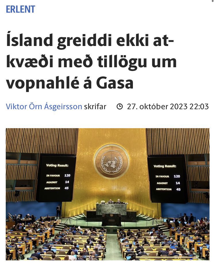 Ég hef aldrei verið jafn reið og skammast mín jafn mikið fyrir að vera Íslendingur. Hér er þjóðarmorð að eiga sér stað í beinni útsendingu og við sitjum hjá aðgerðarlaus og erum þar með meðsek. Blóð palestínubúa er á höndum þeirra sem stóðu ekki með tillögunni.
Ekki í mínu nafni.