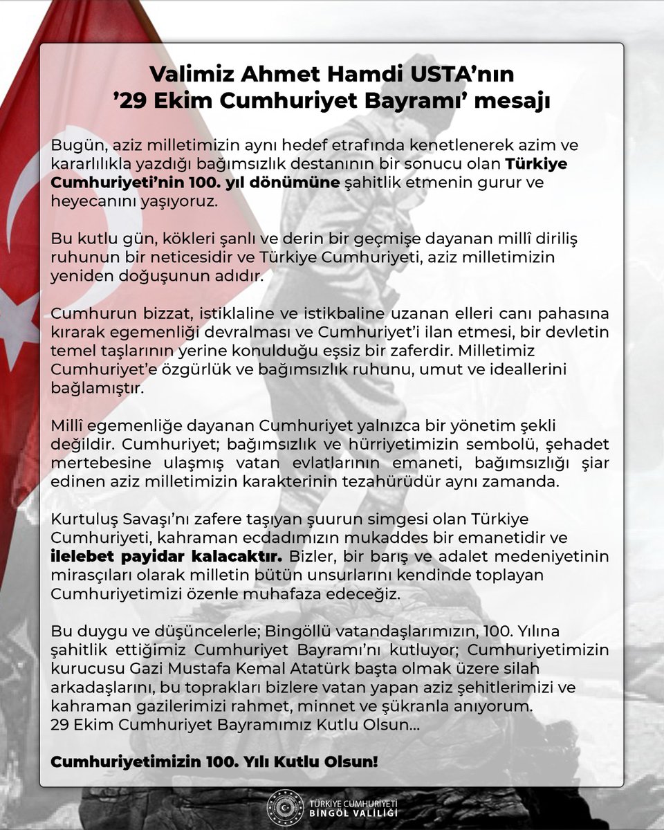 Valimiz Sayın <a href="/ahusta07/">Dr. Ahmet Hamdi USTA</a>'nin '29 Ekim Cumhuriyet Bayramı' mesajı:

#TürkiyeYüzyılı
#Cumhuriyetin100Yılı
#CumhuriyetBayramımızKutluOlsun