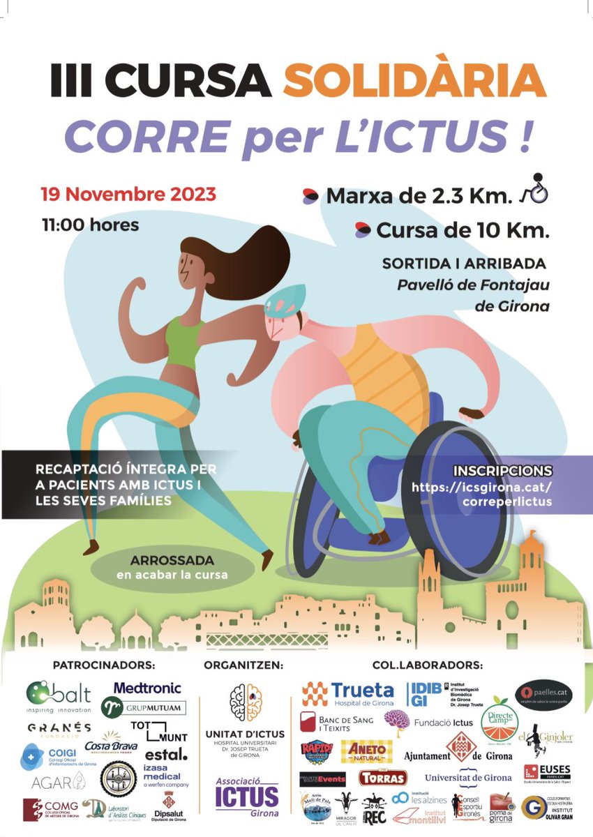 Aquestes #FiresdeSantNarcís2023 apunta’t a #Correperlictus!
🏃‍♀️Cursa de 10 K
🚶Marxa de 2.3 K
📍Fontajau
📌19 de novembre

Tots els fons recaptats seran per persones amb ictus.
Premis, sortejos, batukada, arrossada, música i molt més!

Inscriu-te a icsgirona.cat/correperlictus
