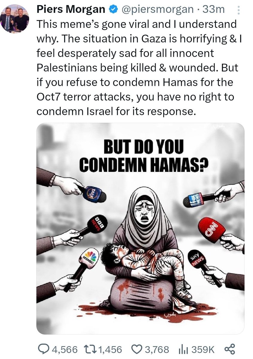 Between 1987-2021, 87% of the 14K people who were killed in Israel-Palestine were Palestinian.

So Israel is MATHEMATICALLY the main aggressor.

But <a href="/piersmorgan/">Piers Morgan</a> is LITERALLY telling grieving mothers that their anger must be on his terms.

Piers Morgan is garbage.