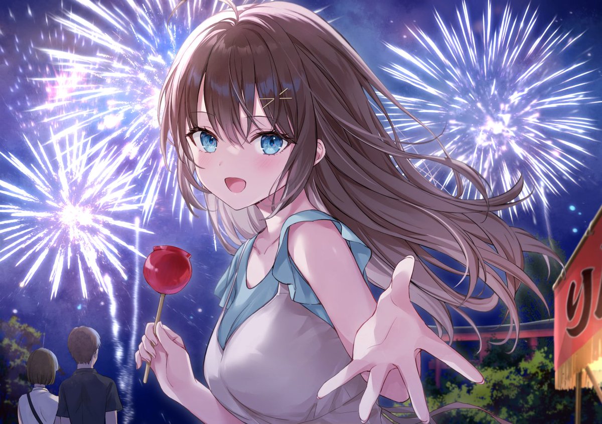 food blue eyes fireworks brown hair long hair smile looking at viewer  illustration images