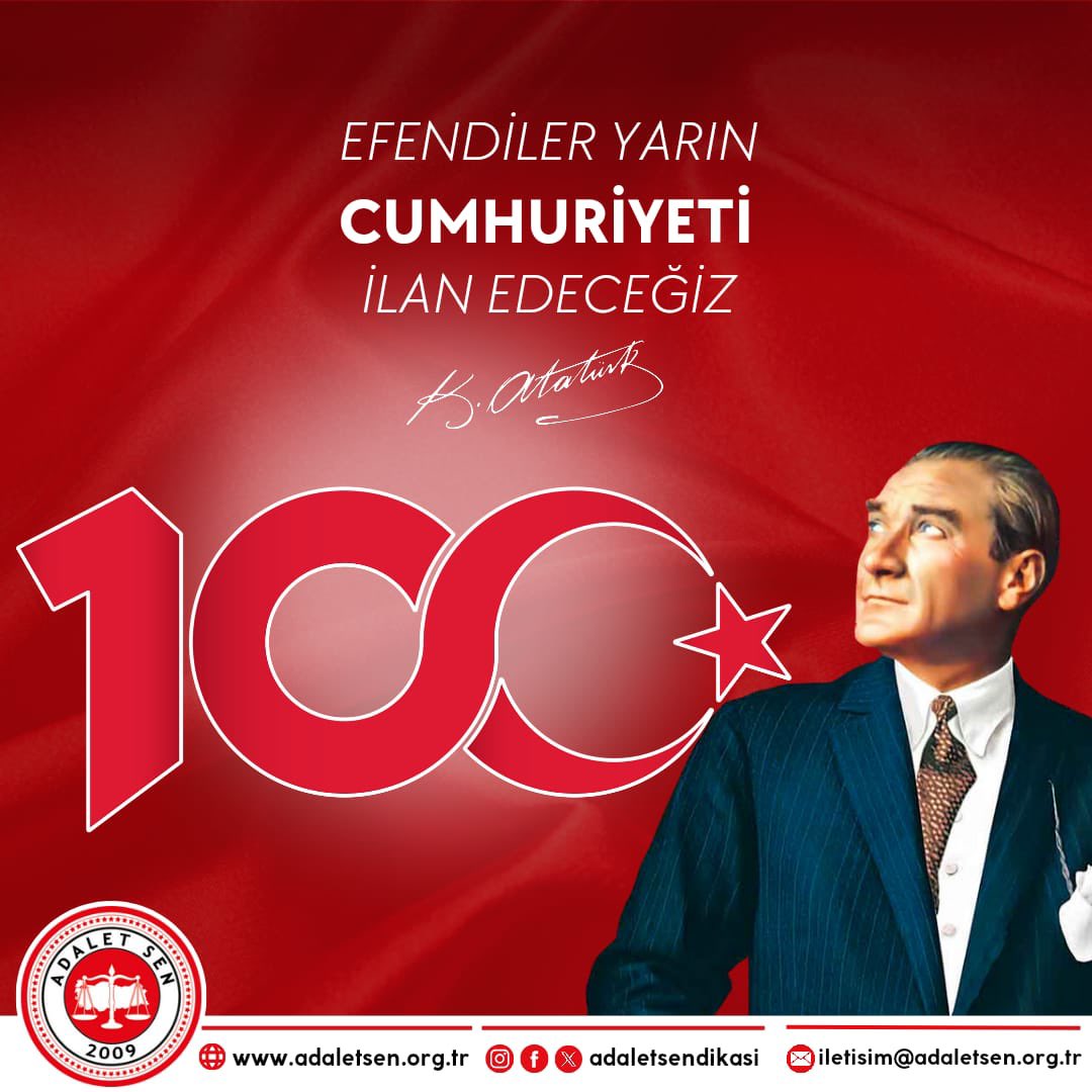 Efendiler! Yarın Cumhuriyet'i İlan Edeceğiz. 

Ulu Önder Gazi Mustafa Kemal Atatürk (28 EKİM 1923)

#cumhuriyet100yaşında #cumhuriyetbayramı
#100yıl #Türkiye #türkiyeyüzyılı #Atatürk #29Ekim1923