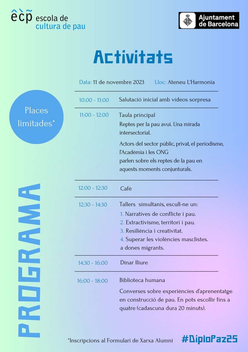 escolapau's tweet photo. Jornades @escolapau sobre Reptes de construcció de Pau
🗓️ 11/11 de 10h a 00h
📍 l'Ateneu L'Harmonia de Bcn.
✏️ Inscripció obligatòria per reservar places a: https://t.co/vSX1RUTdo7
Us hi esperem! https://t.co/mUBfegPNEQ