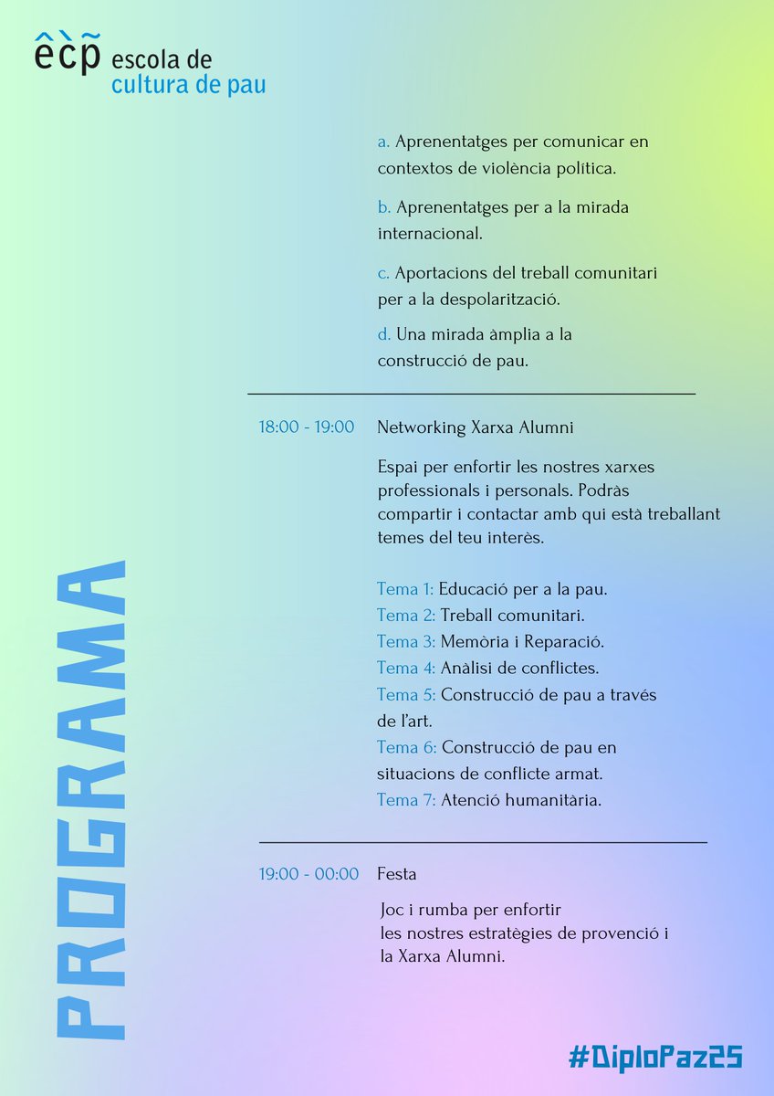 Escola de Cultura de Pau (@escolapau) on Twitter photo Jornades <a href="/escolapau/">Escola de Cultura de Pau</a> sobre Reptes de construcció de Pau
🗓️ 11/11 de 10h a 00h
📍 l'Ateneu L'Harmonia de Bcn.
✏️ Inscripció obligatòria per reservar places a: forms.gle/jYA5sCKtTTLAuh…
Us hi esperem! Jornades <a href="/escolapau/">Escola de Cultura de Pau</a> sobre Reptes de construcció de Pau
🗓️ 11/11 de 10h a 00h
📍 l'Ateneu L'Harmonia de Bcn.
✏️ Inscripció obligatòria per reservar places a: forms.gle/jYA5sCKtTTLAuh…
Us hi esperem!
