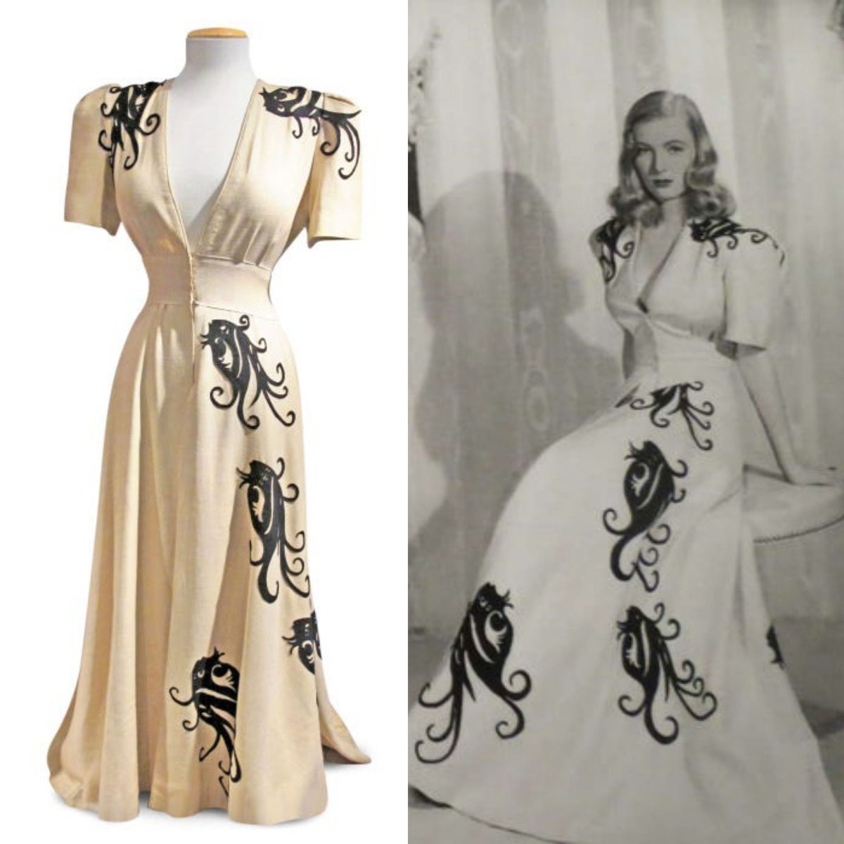Award-winning American costume designer Edith Head was born #OnThisDay in 1897. She designed this elegant linen dressing gown with hand-cut and sewn black wool felt motifs that actress Veronica Lake chose to wear for a 1942 publicity photograph. #film #costume #dress