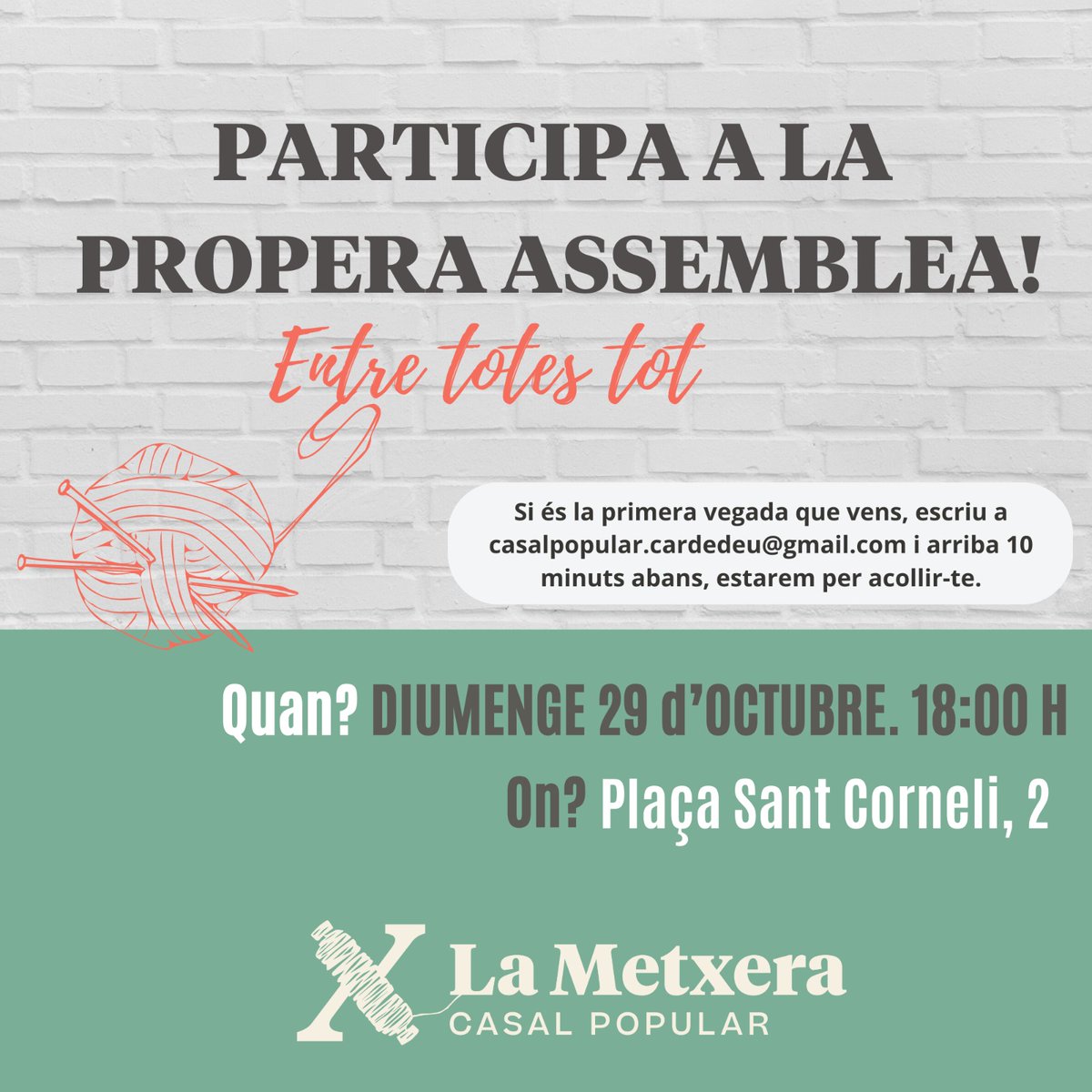 🔊🔊🔊 Aquest diumenge assemblea oberta.

⏰ 18:00h Plaça de Sant Corneli.

🤗 Si és la primera vegada que vens, escriu un DM al nostre IG o un mail a casalpopular.cardedeu@gmail.com i arriba 10 minuts abans, estarem per acollir-te.

🏃‍♀️ Juntes fem caminar La Metxera.