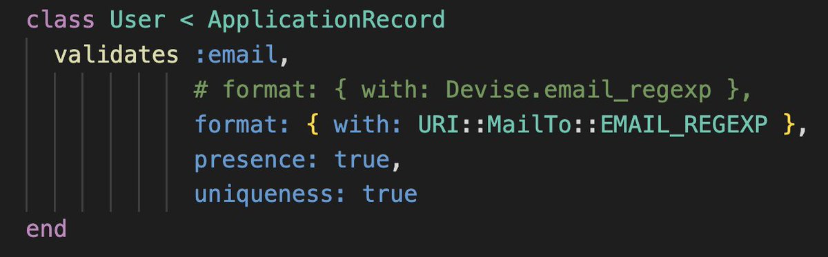yarotheslav's tweet image. 💡 Rails has a built-in email regex helper:

URI::MailTo::EMAIL_REGEXP

It is stronger than &quot;Devise.email_regexp&quot;