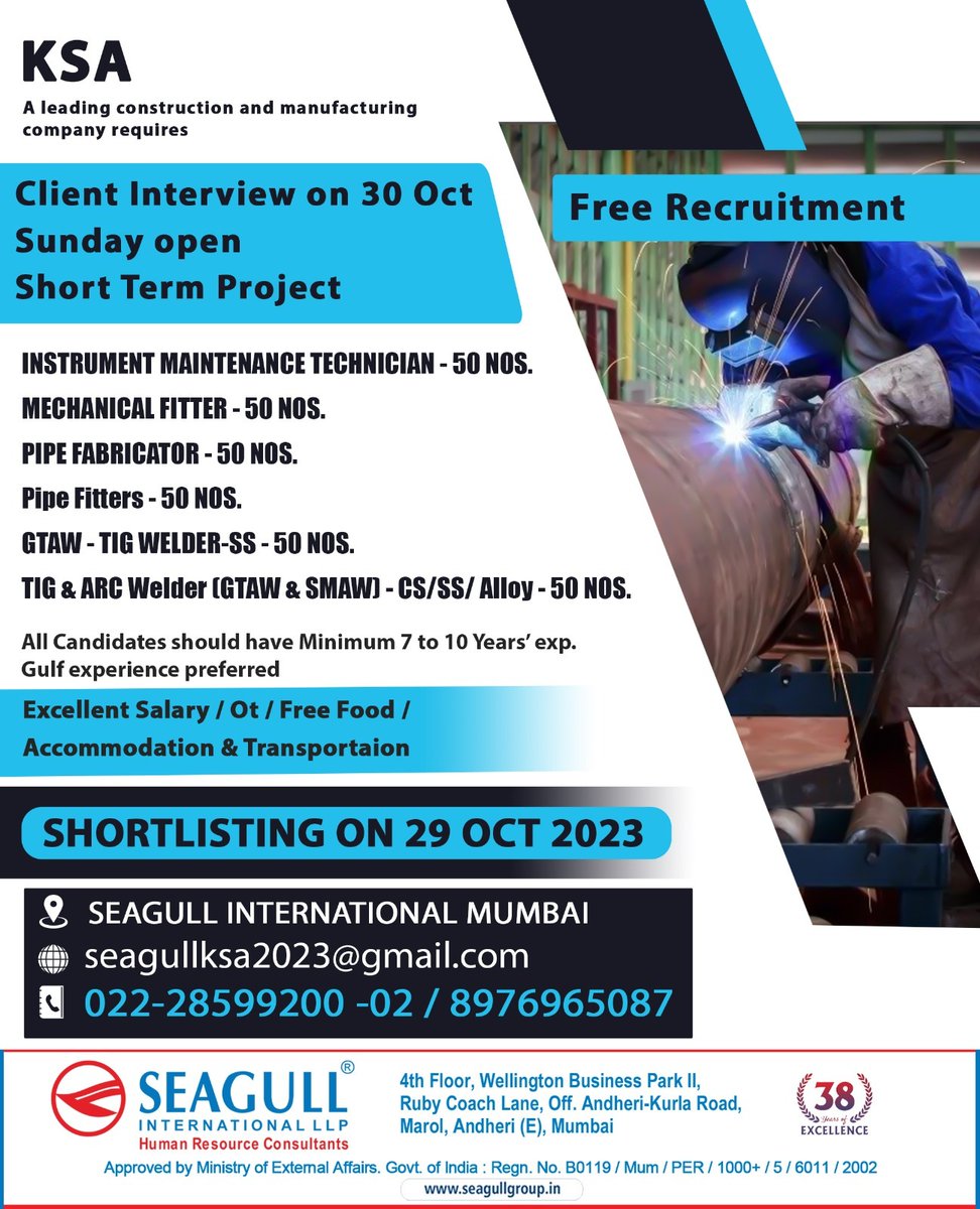 🇸🇦Ksa Jobs 
‼️Short Term Project - Free Recruitment
📍Client Interview On 30th October In Mumbai
🗓️Shortlisting On 29th October 2023
.

.

.
#ksajobs #seagull #mumbaijobs #instrumentmaintenancetechnician #mechanicalfitter #pipefabricators #pipefitters #tigwelder #arcwelder