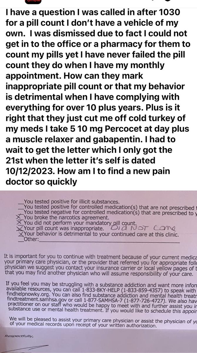 This is exactly why we need a federal law protecting Pain patients

There is absolutely no excuse for discharging a patient who doesn’t have a vehicle