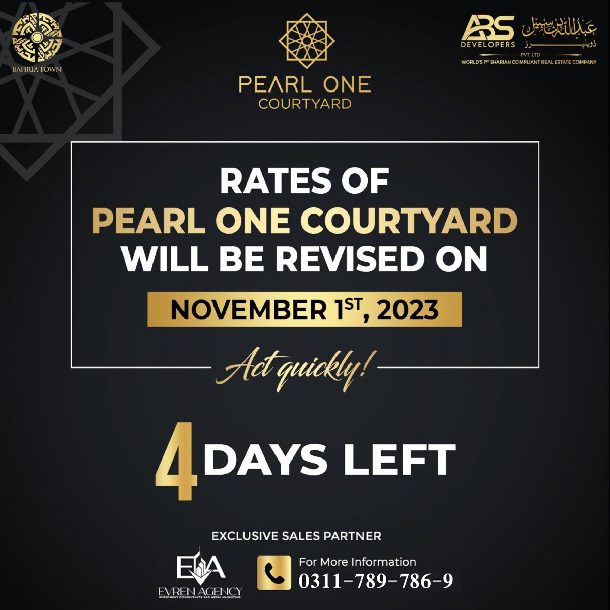 evrenagency's tweet photo. Time is of the essence!
Rates will be revised on November 1st, 2023
#LuxuryLiving #BahriaTownLahore #PearlOneCourtyard #DreamHome #LimitedTimeOffer #evrenagency #investment #RealEstate #3marlaplot #1bedappartment #2bedaparment #rentalhome #renting https://t.co/sqAaUs42u5