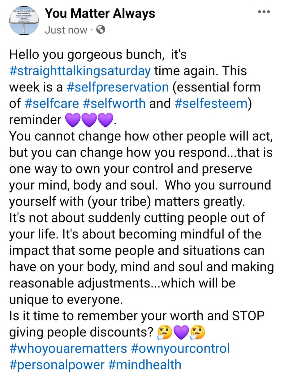 Hello you gorgeous bunch,  it's #straighttalkingsaturday time again. This week is a #selfpreservation (essential form of #selfcare #selfworth and #selfesteem) reminder 💜💜💜 #whoyouarematters #ownyourcontrol #personalpower #mindhealth