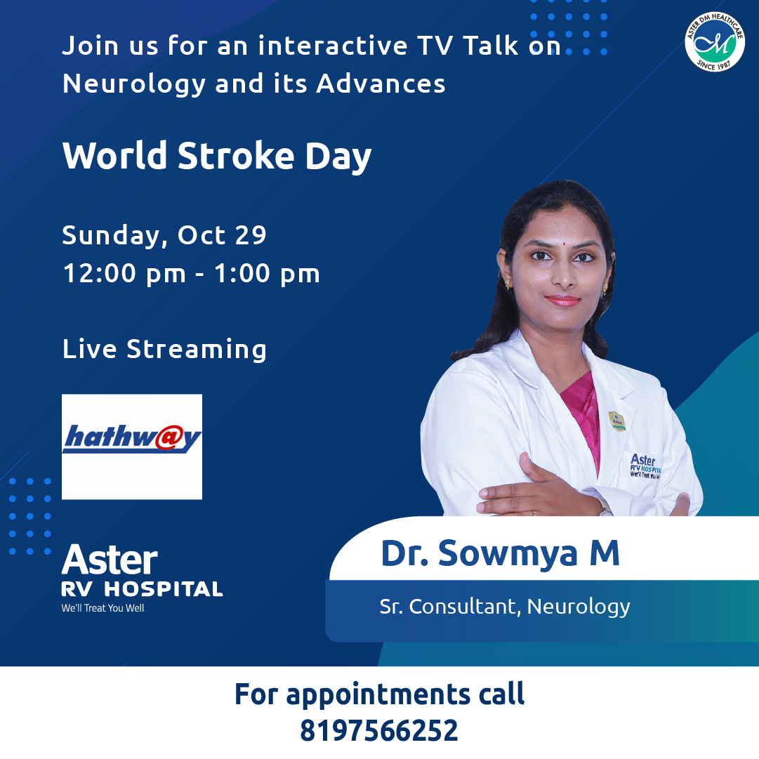 Join Dr. Sowmya M for a TV Talk on Neurology's latest advances this World Stroke Day, on Sunday, October 29, from 12:00 pm to 1:00 pm. Live on Hathway. 

Discover the future of brain health! For appointments, call 8197566252. Don't miss it!

#WorldStrokeDay #NeurologyAdvancements