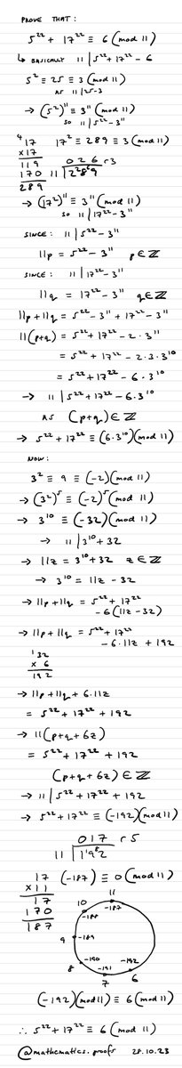 tiago_hands's tweet image. Show that 5²²+17²²≡6(mod11) #furtherpuremaths #modulararithmetic #clockarithmetic #math