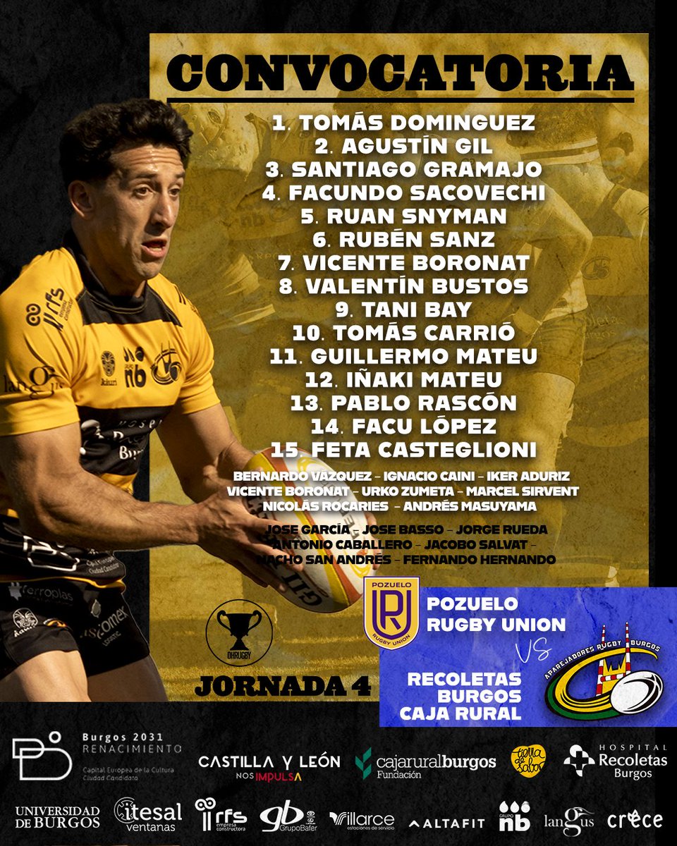 💥 Convocatoria 
4️⃣ Jornada
🆚️ <a href="/PozueloRU/">Pozuelo Rugby Union</a>
🏟 Valle de las Cañas 
⏰ 16:00h
📺 youtu.be/J49S7vuwbjs

💛🖤💛
💪🏼 #Lateconnosotros 
💛 #Tierradesabor 
🏉 #TierradeRugby
