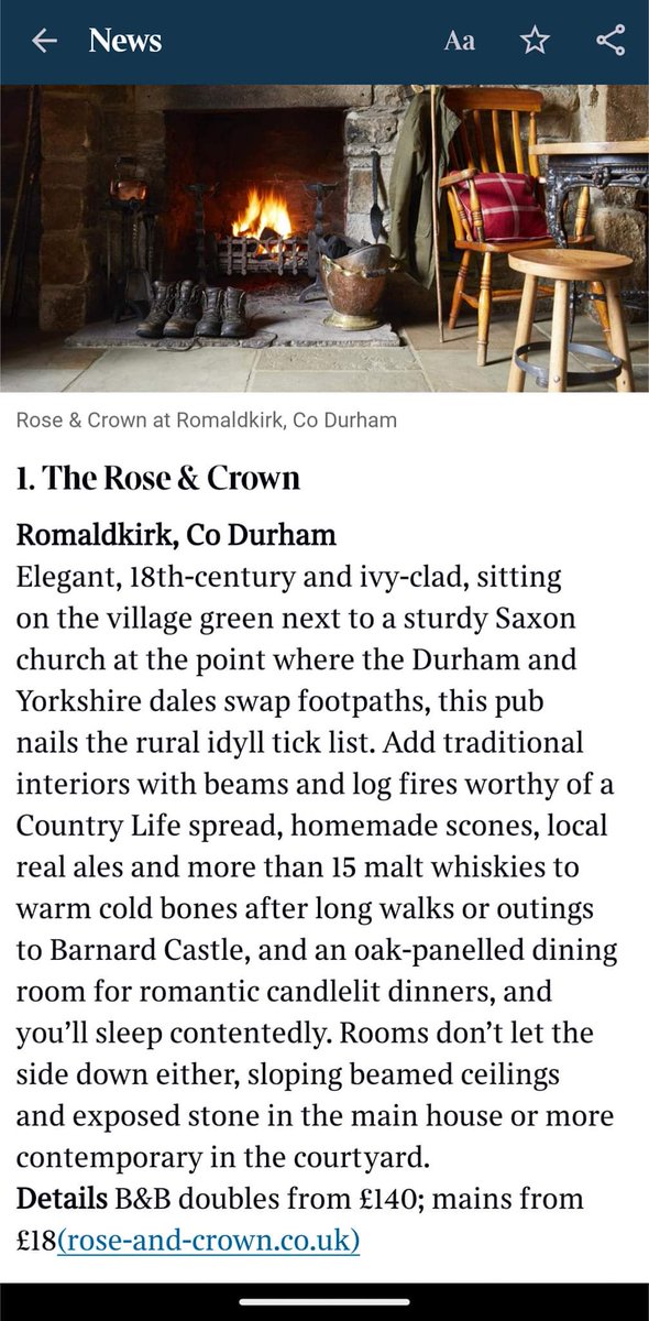 Nice article in today's <a href="/thetimes/">The Times and The Sunday Times</a>. The Rose and Crown mentioned first in a list of 27 of Britain's cosiest pubs. Fabulous publicity for Teesdale!
#teesdale