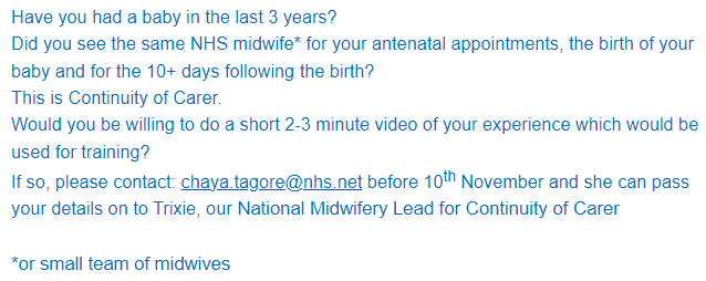 NatMatVoicesorg's tweet photo. Pls share with your networks
1/2: "Have you had a baby in the last 3 years?
Did you see the same NHS midwife or small team of midwives for your antenatal appointments, the birth of your baby and for the 10+ days following the birth?
This is Continuity of Carer. https://t.co/AJWiiQ6VvN