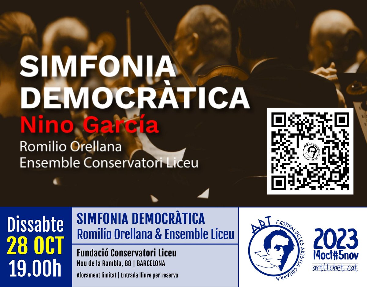 #ArtLlobet 2023 #SinfonioDemocratica
🗓️ 28 OCT 19h
🏛️ <a href="/liceu1837/">Fundació Conservatori Liceu</a>
🎟️ FULL
🌍 mllobet.com/artllobet/2023…
#HumanRights #dretshumans #derechoshumanos
<a href="/RevistaMusCat/">Revista Musical Catalana</a> <a href="/catalunyamusica/">Catalunya Música</a> <a href="/AgendaCultura/">Agenda Cultural de Catalunya</a> <a href="/AgendaConcertsC/">AgendaConcerts.CAT</a> <a href="/agendaclassica/">Agenda Clàssica</a> <a href="/ARAcultura/">ARA Cultura</a> <a href="/BcnCultural/">Barcelona Cultural</a> <a href="/BCNCulturaCAT/">BCNCultura.cat</a> <a href="/EFEnoticias/">EFE Noticias</a>