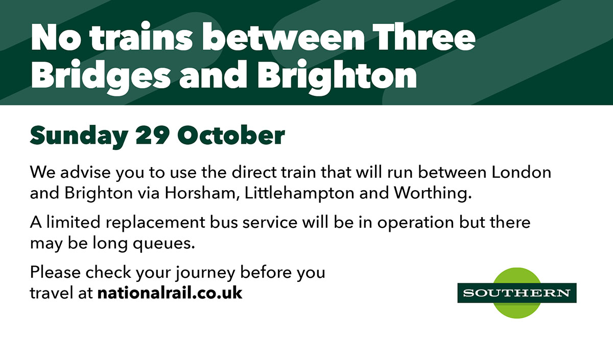 🚧 Tomorrow, Sunday 29 Oct, Network Fail are carrying out engineering works between Three Bridges &amp; Brighton 

There will be a once every 2 hours <a href="/StageflopSE/">Stageflop South East (inactive)</a> minibus which probably won't run 

📲 Check before travelling. nationalrail.co.uk