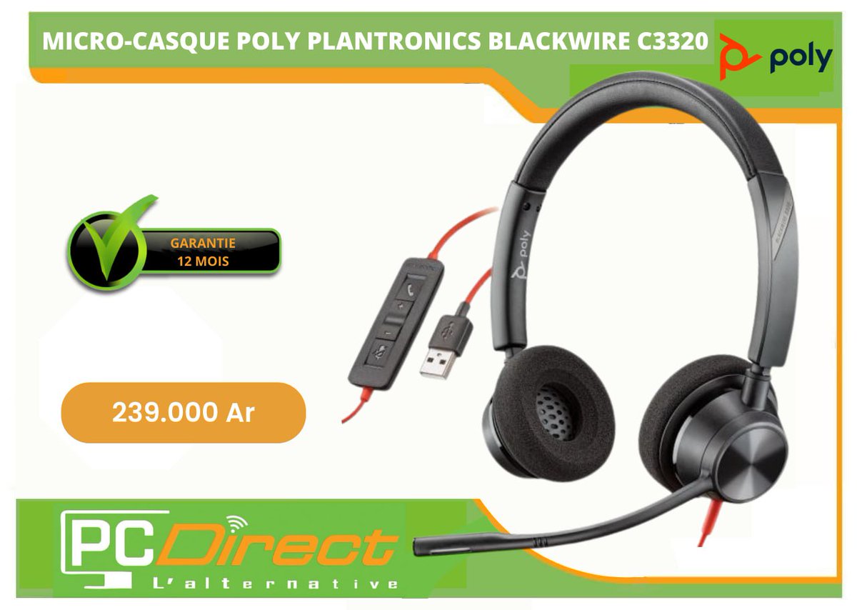 PcdirectM's tweet photo. EH les amis 👋!!! misez sur ce microcasque 🎧 #PLANTRONICS BLACKWIRE C3320 de #pcdirectinformatiquemada pour vos appels en ligne ou tout simplement écouter de la bonne musique 🎼 :

▶️Spécial Call Center
▶️USB-A
▶️Micro antibruit
▶️Tige souple pivotante
▶️Boitier contrôle
▶️Neuf https://t.co/hyAhXEWs91
