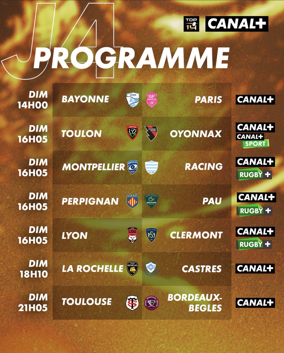 Le voilà le programme de la J4 du <a href="/top14rugby/">TOP 14 Rugby</a> 🔥

Un grand dimanche rugby en perspective 😍