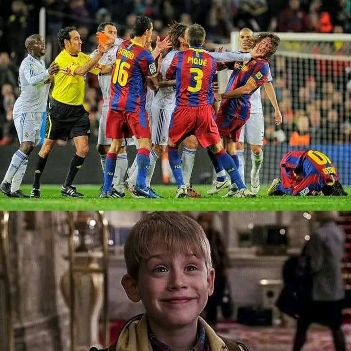 Ramos slapping puyol in the face. Messi already on the floor, cavalho trying to take the red card away from the referees hand, and you know things are bad when Pepe is the quietest player in the image coz he's the one who got Messi on the floor... 😂

This was peak El Clasico !!