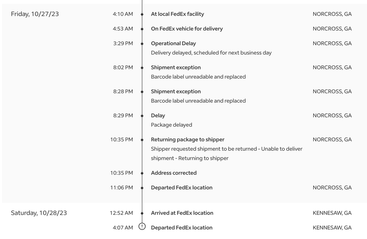 BUT this one! This is the SECOND time they are sending  this equipment back. SECOND time. I keep getting these DMs with excuses and apologies. I don't give a shit about apologies. I want the $Ks of equipment I purchased. <a href="/FedEx/">FedEx</a> <a href="/FedExHelp/">FedEx Help</a>