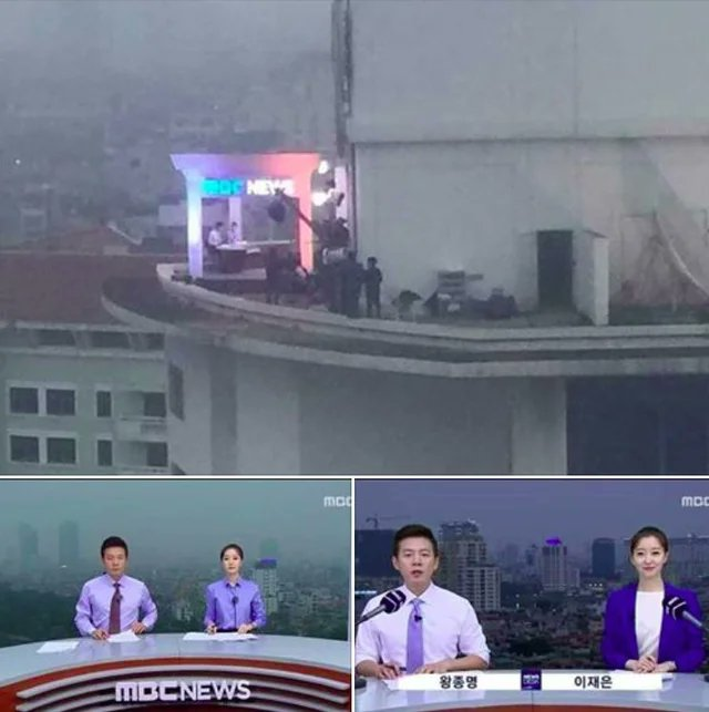Yeşil ekran kullanmak yerine binanın tepesinde çekim yapan bir Kore haber programı.