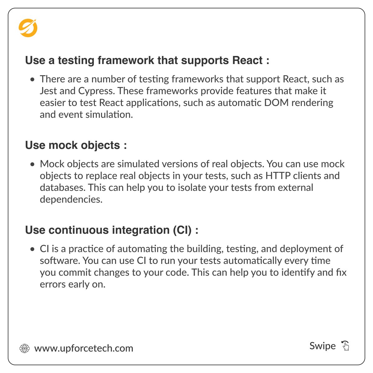 UpforceT60125's tweet image. Mastering ReactJs testing techniques with UpforceTech: Boost your confidence in writing efficient code for your application. #ReactJsTesting #UpforceTech
#ReactJsInspiration #UpforceTech #reactjs #reactjsdeveloper #reactjsdevelopers #reactjsdevelopment #reactjsdevelopmentcompany