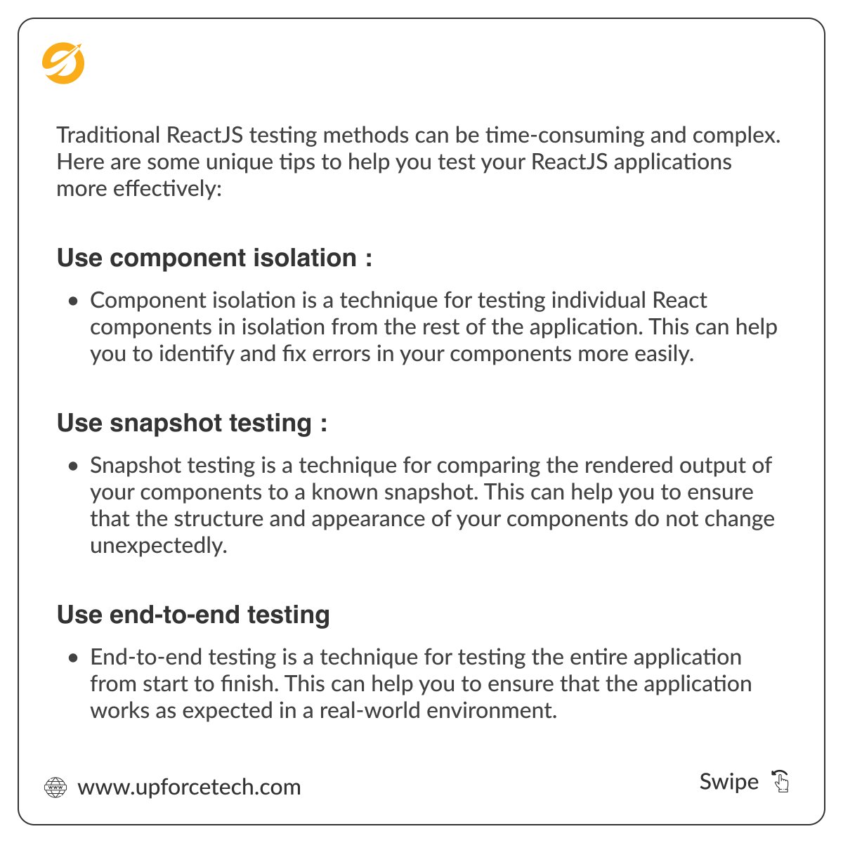 UpforceT60125's tweet image. Mastering ReactJs testing techniques with UpforceTech: Boost your confidence in writing efficient code for your application. #ReactJsTesting #UpforceTech
#ReactJsInspiration #UpforceTech #reactjs #reactjsdeveloper #reactjsdevelopers #reactjsdevelopment #reactjsdevelopmentcompany