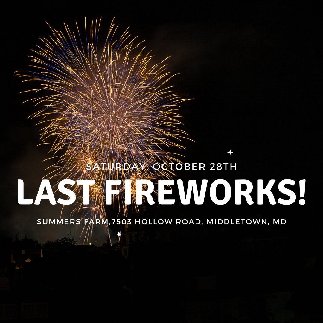 SummersFarm's tweet image. Last chance to see fireworks this season at Summers Farm! We are open today, Saturday, October 28th from 10am to 9:30pm.  Fireworks will be around 7:30pm, weather permitting! Grab your tickets online and SAVE! summersfarm.ticketspice.com/fall-festival-…