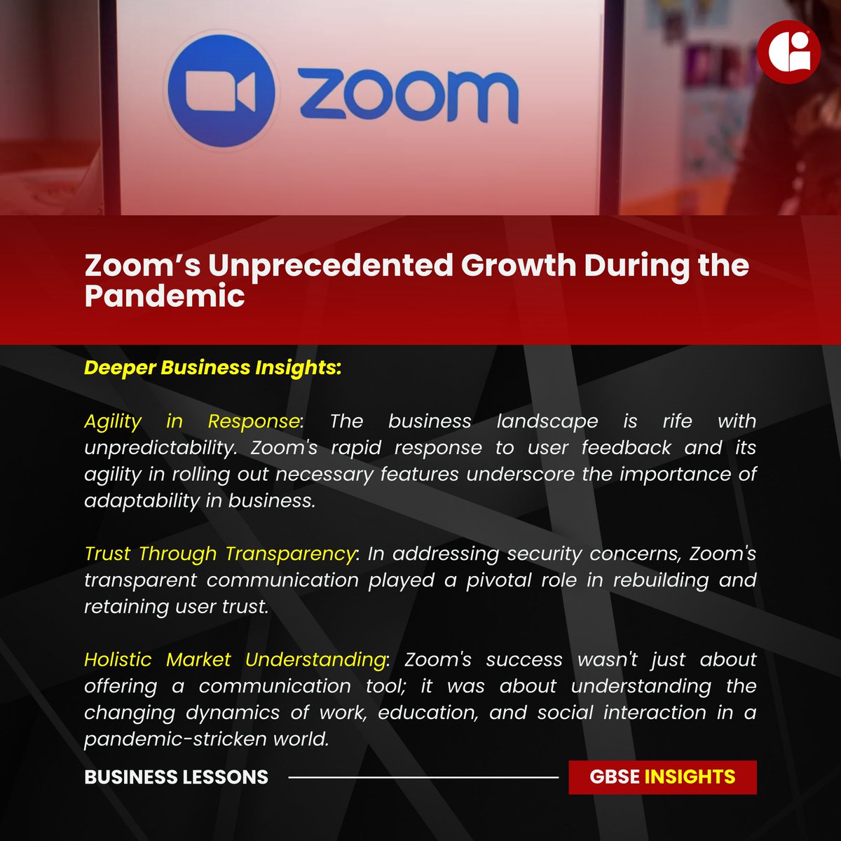From challenges, leaders like Zoom emerge. We're eager to explore their roadmap and share it with you. And if it sparks ideas for your enterprise, GBSE is here to help fine-tune them. #AdaptiveEntrepreneurship #LessonsFromLeaders #GBSE