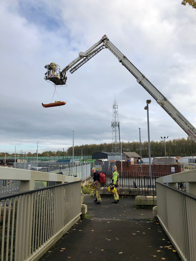 In the simulatied incident, a casualty had suffered a fall and had spinal injuries, and needed rescuing by crews utilising first aid equipment, stretchers, line rescue equipment, and using our aerial ladder platform as a high anchor point.