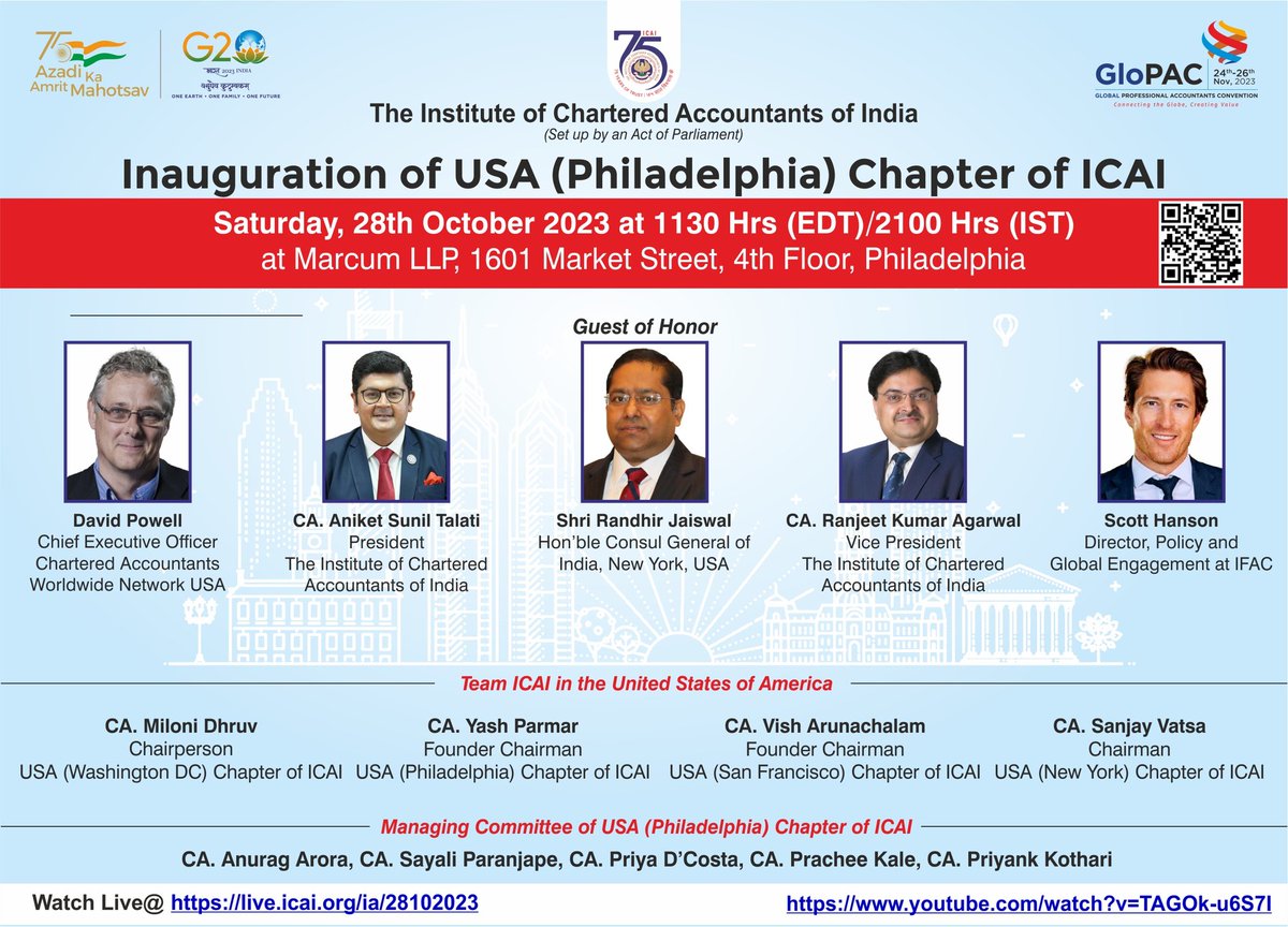 ICAI further expands its footprints & horizons in USA with Inauguration of Philadelphia Chapter as its 10th Overseas Chapter in USA & 48th Overseas Chapter of ICAI Globally. Watch the event Live on 28th Oct 2023 at 9 PM IST & 11:30 AM EDT Link - live.icai.org/ia/28102023 #ICAIat75