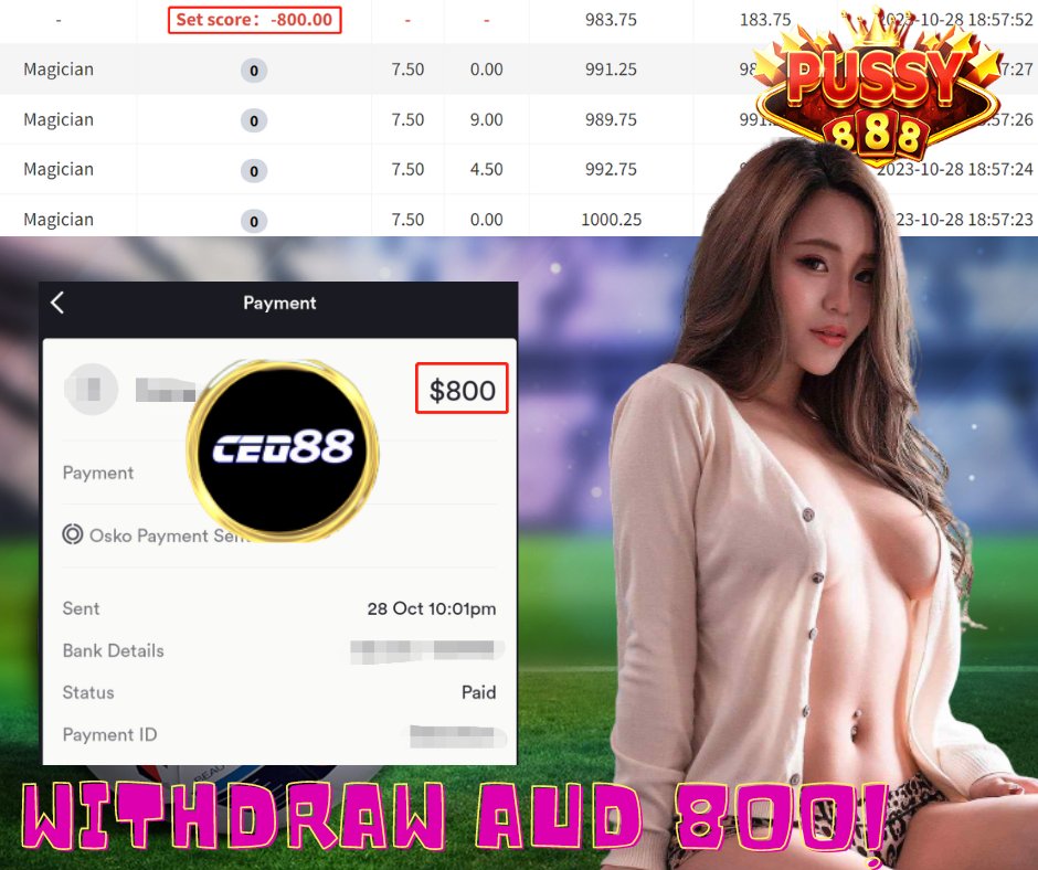 CEO88AUS's tweet photo. ‼️ CONGRATS TO CEO WINNER‼️

 🖥Game : Pussy888
🎰Slot : Magician 
🏧Deposit: 175$
💰Withdraw : 800$

#OnlineCasino #GamblingTwitter #gambleresponsibly #CEO88 #Winlikeaboss #OnlineRummy #Australia #GamblingTwiitter

📱Register With Us Get Free $18 💁‍♀️https://t.co/g6C6mGNUjr https://t.co/6b3x6jXKci