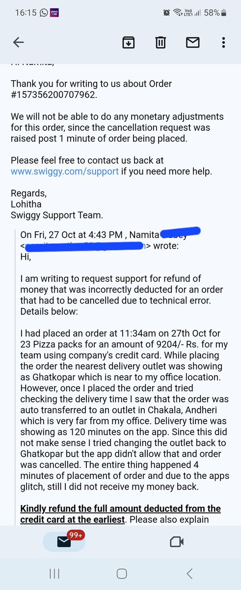 namitadubey59's tweet photo. Placed Rs 9K order on Swiggy.  delvry outlet got auto changed which increased delvry time from 40min to 120m. Had to cancel. No refund was provided as cancellation took more than 1 min. Followed multiple times, no outcome. #swiggyScam @mumbaimirror @jagograhakjago @SwiggyCares https://t.co/s4TW8Ogvva