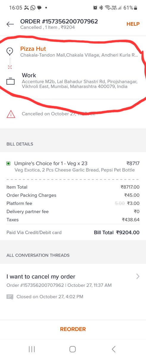 namitadubey59's tweet photo. Placed Rs 9K order on Swiggy.  delvry outlet got auto changed which increased delvry time from 40min to 120m. Had to cancel. No refund was provided as cancellation took more than 1 min. Followed multiple times, no outcome. #swiggyScam @mumbaimirror @jagograhakjago @SwiggyCares https://t.co/s4TW8Ogvva