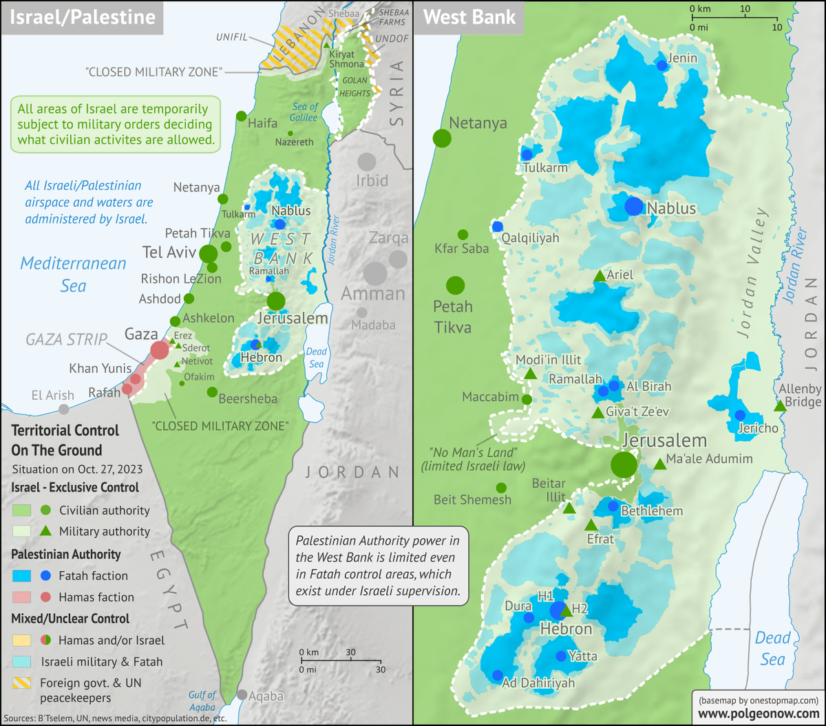 PolGeoNow's tweet photo. New #Israel/#Palestine map #3: Territorial control between end of #Hamas invasion and start of #Israel's ground invasion of #Gaza Strip. Full-size map with explanations and timeline: https://t.co/quyyF3YGYI
#conflictmapping #conflicttracking #conflictmap #mapping #OSINT #MENA https://t.co/BqQJaM479K