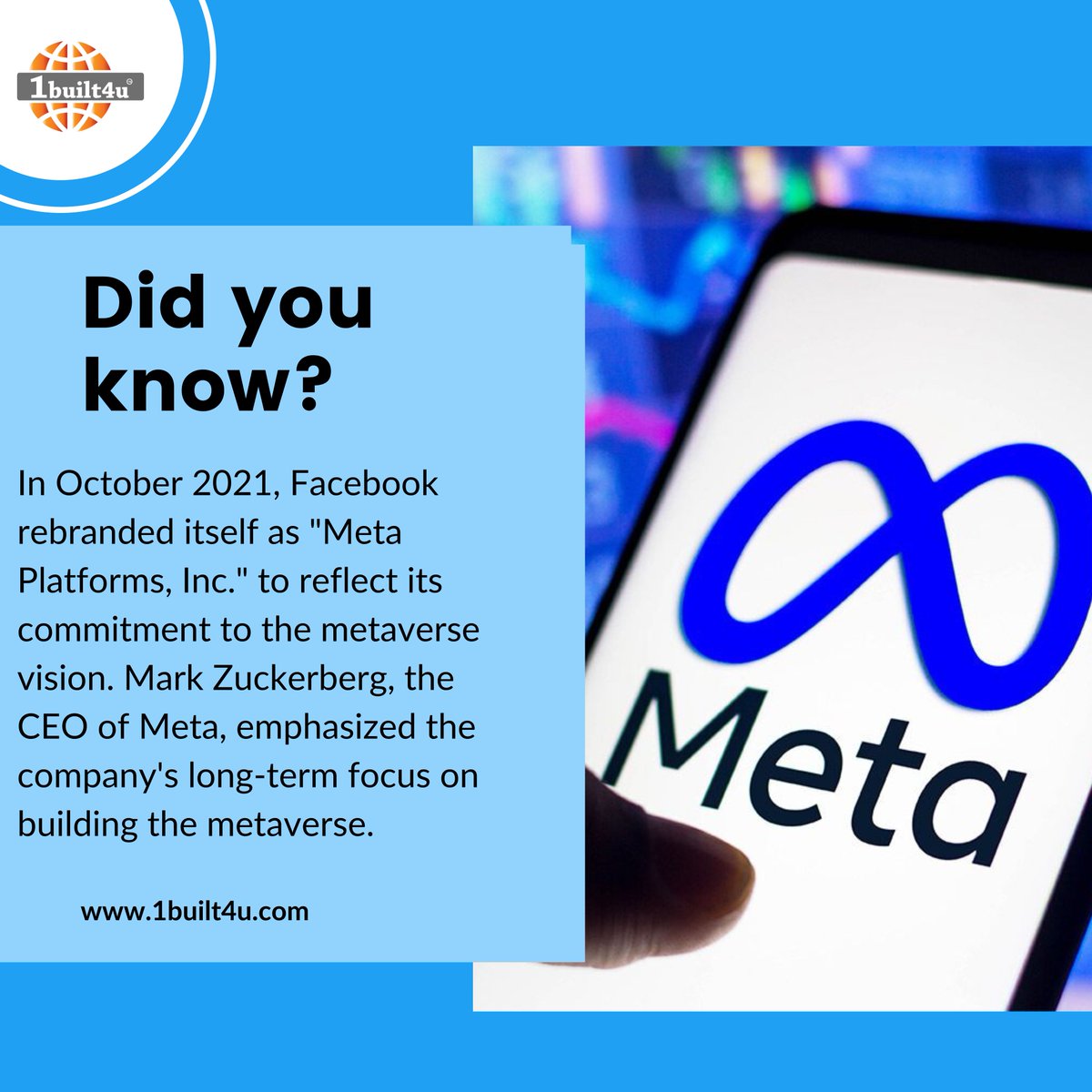 Did you know?

Explore intriguing insights! Dive into the digital age with 1built4udotcom's outstanding IT services. 🌐

#1built4udotcom
#1built4u
#didyouknow
#didyouknowfact
#MetaPlatforms
#MetaverseVision
#FacebookRebrand
#ZuckerbergVision
#MetaCEO
#MetaverseFocus