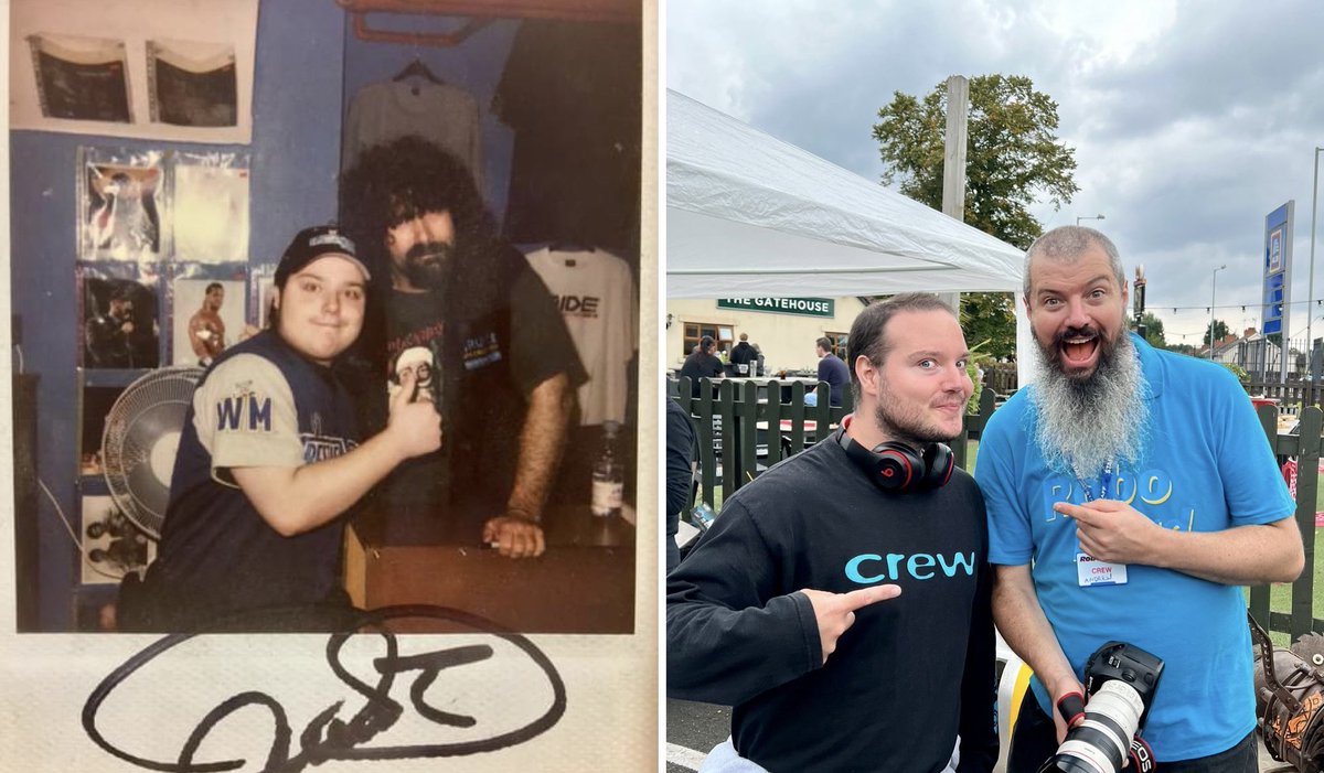ChrisW_J's tweet image. When worlds collide! Me with Mick Foley on the left (2005) and Robot Wars Series 6 Champions, Tornado member Andrew Marchant on the right (2022). In the quote, both standing next to each other from Robot Wars: Extreme Warriors (2002) #WWE #RobotWars