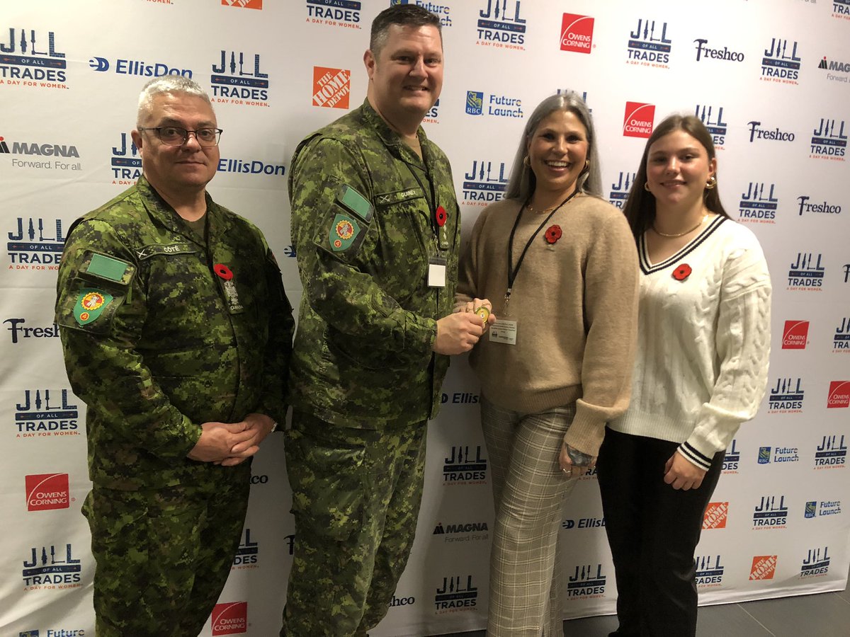 AlgonquinPEM's tweet photo. Something special happened yesterday on campus when alumna Marcie Lane received a Commander’s Coin from Garrison Petawawa commander Colonel Jason Guiney for her support of the Canadian military. Lane had just delivered an empowering speech at our Jill of All Trades event. https://t.co/a5tKSkaObS