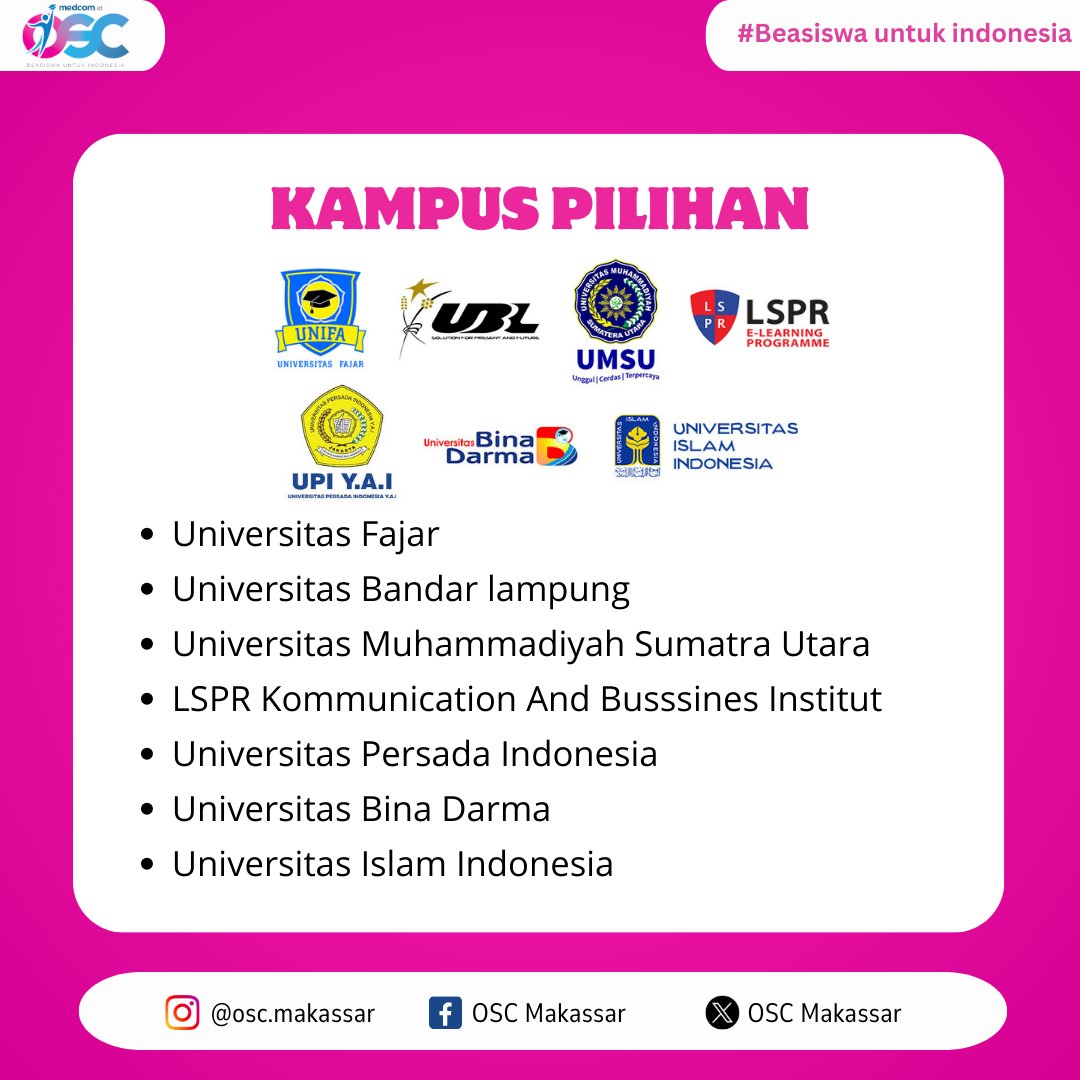 OSCMakassar's tweet photo. #SobatOSC, penasaran gak sih kampus mana saja yang merupakan mitra dari Beasiswa OSC?🧐

Kuy langsung cek infonya di atas ya! Komen dong kampus pilihan kalian yang mana nih?🤩

#oscmedcom #oscmedcomid #beasiswakuliah #oscmedcom2023 #infokuliah #infobeasiswa #beasiswaindo https://t.co/fGnOWHrxL4
