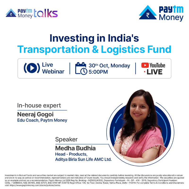 PaytmMoney's tweet photo. Join us for 'Exploring Opportunities in India's #Transportation and #Logistics Fund,' featuring our keynote speaker, Medha Budhia, Head of Products at @abslmf
📅- 30th October, Tomorrow
⏰- 5:00pm
#PaytmMoney #ExploringOpportunities #YouTubeEvent #LogisticsFund