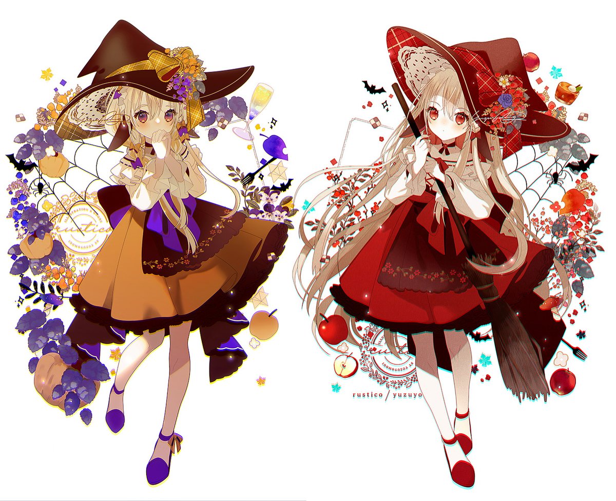 witch hat hat multiple girls broom 2girls long hair skirt  illustration images