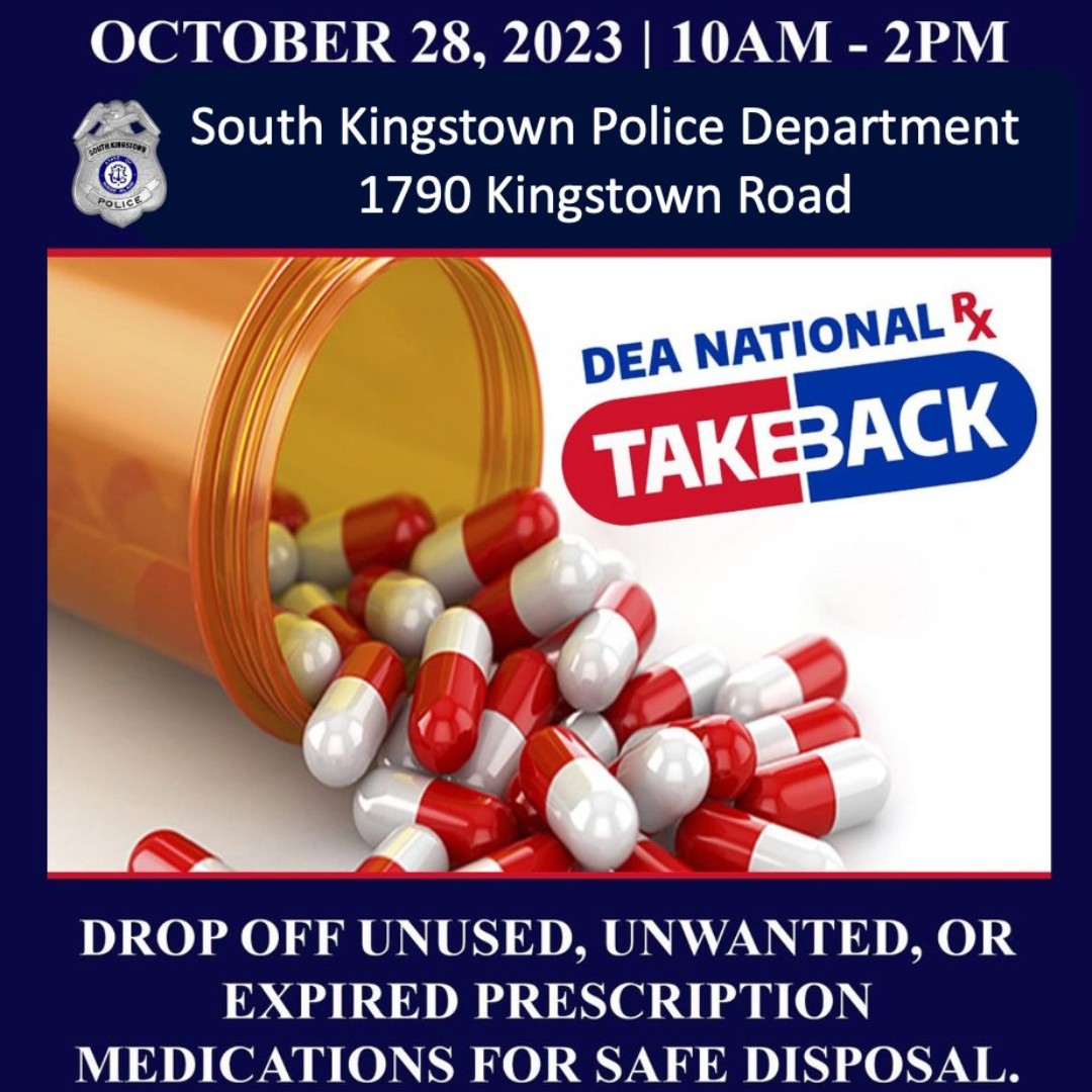 Today is National Drug Take Back Day. Drop off unused medication at the South Kingstown Police Department between 10am and 2pm! Needles or liquids will not be accepted. Thank you for helping us keep South Kingstown safe! 
#ServingSK #DrugTakeBackDay #DrugTakeBack